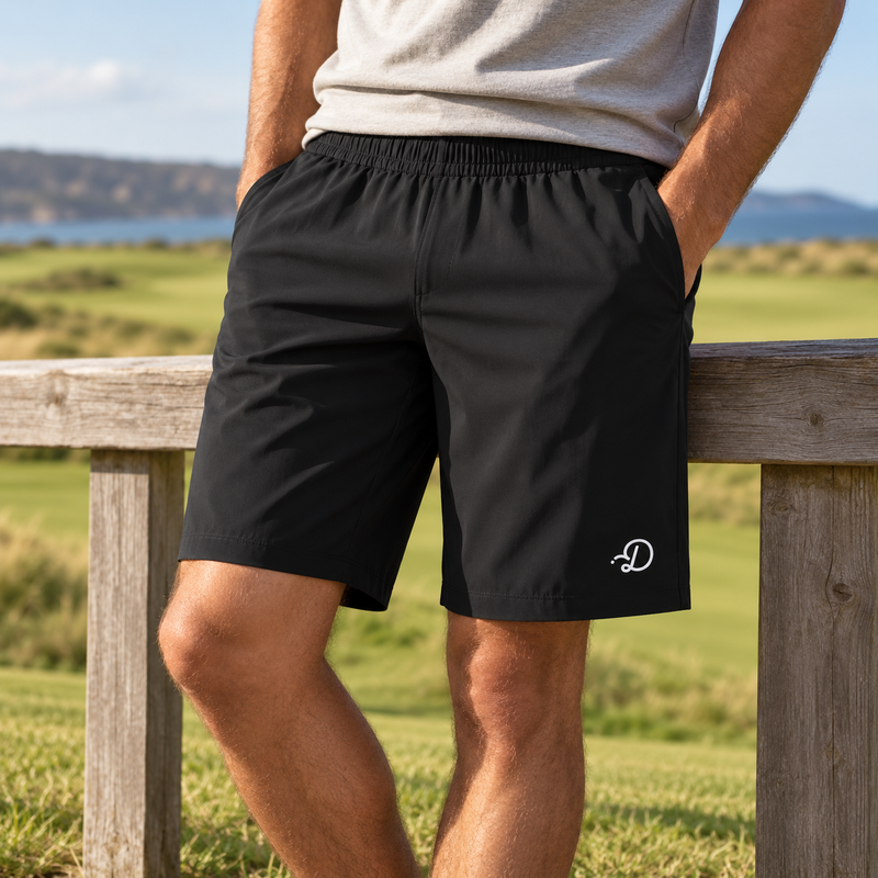 Duffed Solid Elastic Waist Shorts — Black — coastal golf lifestyle