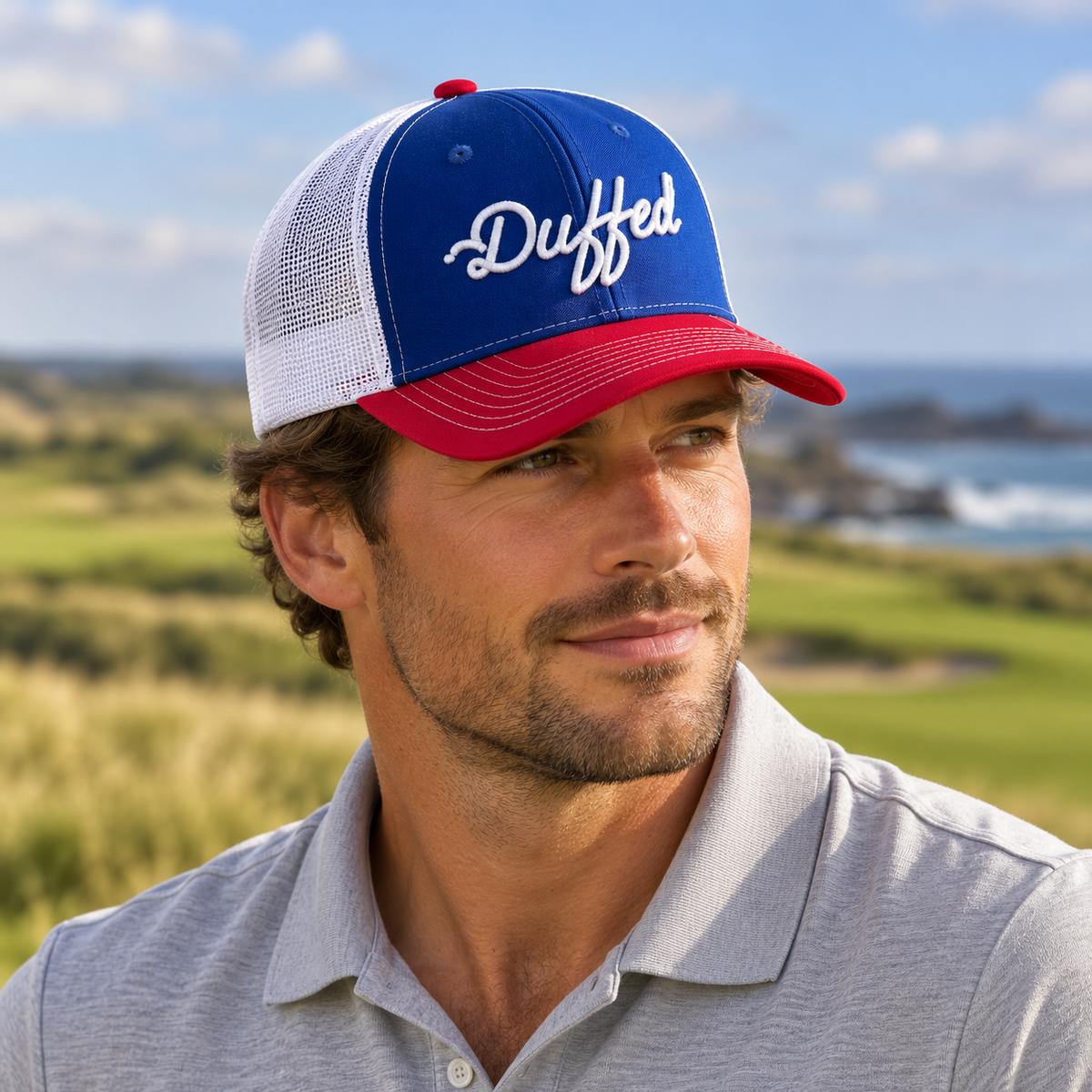 Golfer wearing the royal blue, red and white Duffed Stateside Script Trucker
