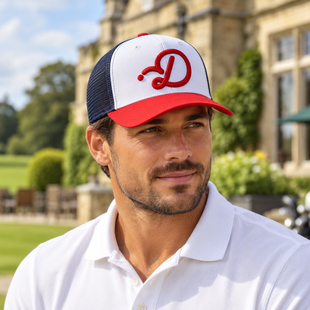 Duffed Union D Trucker — male lifestyle portrait at the clubhouse