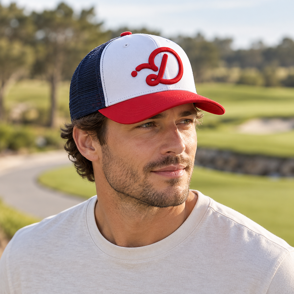 Duffed Union D Trucker — male lifestyle portrait on the course
